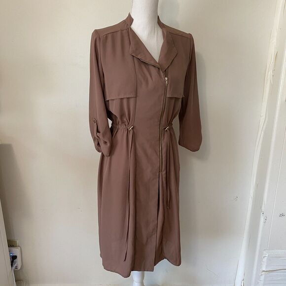Spoon Milk Chocolate Utility Cinch Waist Tab Sleeve Shirtdress Front Zip S - Picture 1 of 12